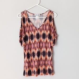 Papillon Blanc Short-Sleeve Cold Shoulder Blouse Ikat Pink Orange Black Medium